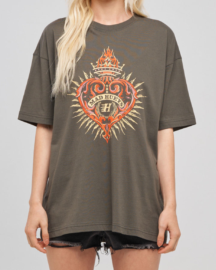 Hueys Heart Womens Oversized Tee | Charcoal
