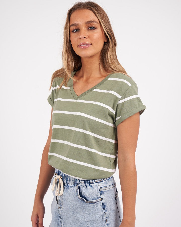 Manly Stripe Vee Tee - Sage