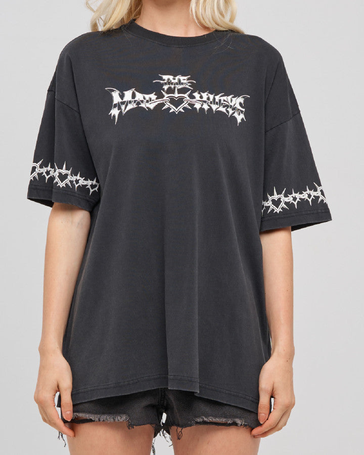 Metal Heart Womens Oversized Tee | Washed Black