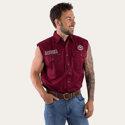 Hawkeye Mens Sleeveless Work Shirt - Burgundy/White