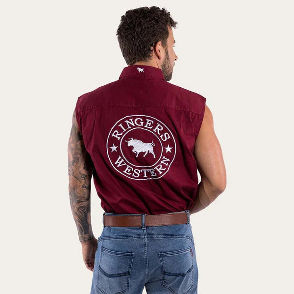 Hawkeye Mens Sleeveless Work Shirt - Burgundy/White