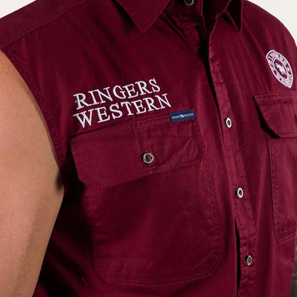 Hawkeye Mens Sleeveless Work Shirt - Burgundy/White
